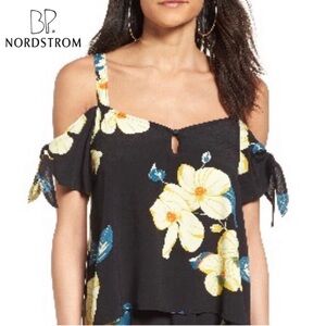 Nordstrom BP Tie Sleeve Cold Shoulder Black Chinoiserie Hawaiian Top Blouse S